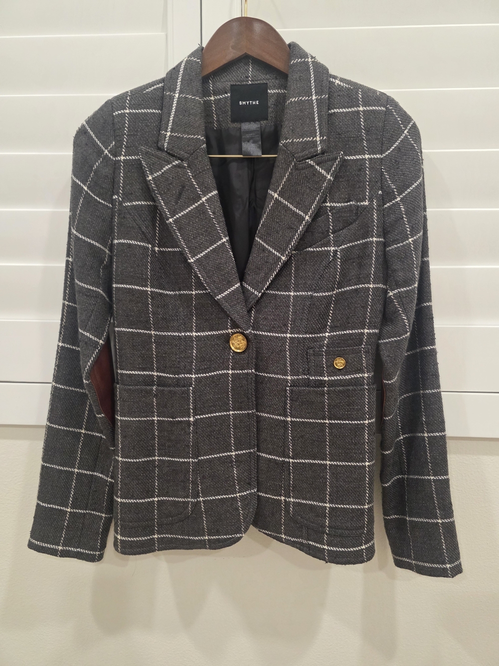 Smythe Charcoal Windowpane Blazer with Gold Buttons